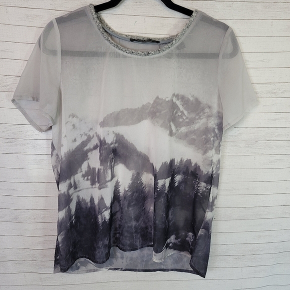 MAISON SCOTCH SHEER SHORT SLEEVE MOUNTAIN SCENE BLOUSE, SZ 6 - Picture 1 of 14